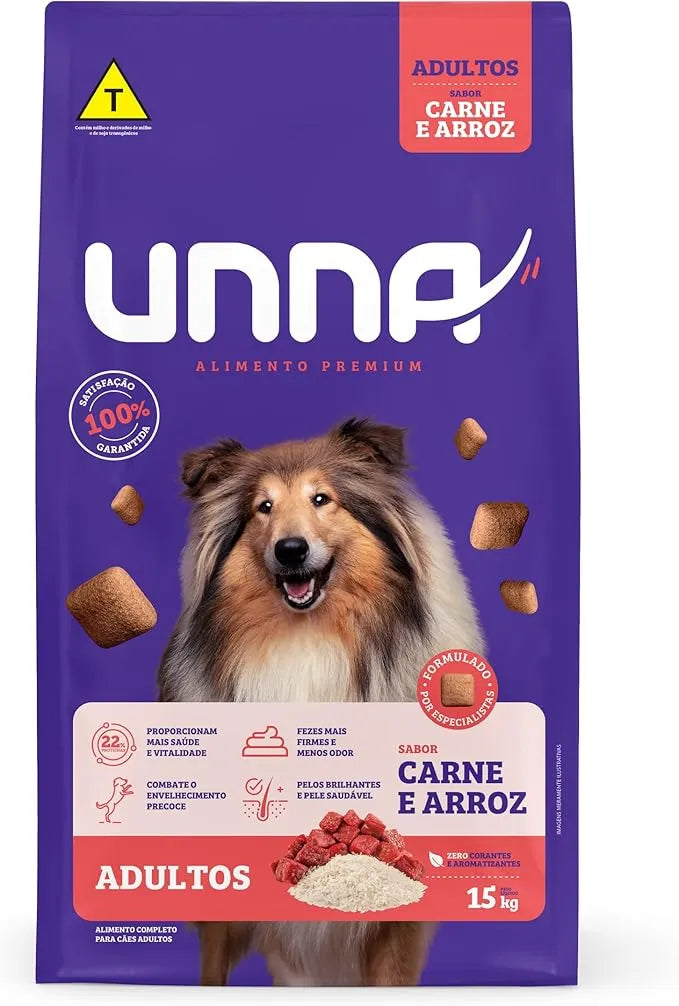 Ração Seca Unna para Cães Adultos Sabor Carne e Arroz