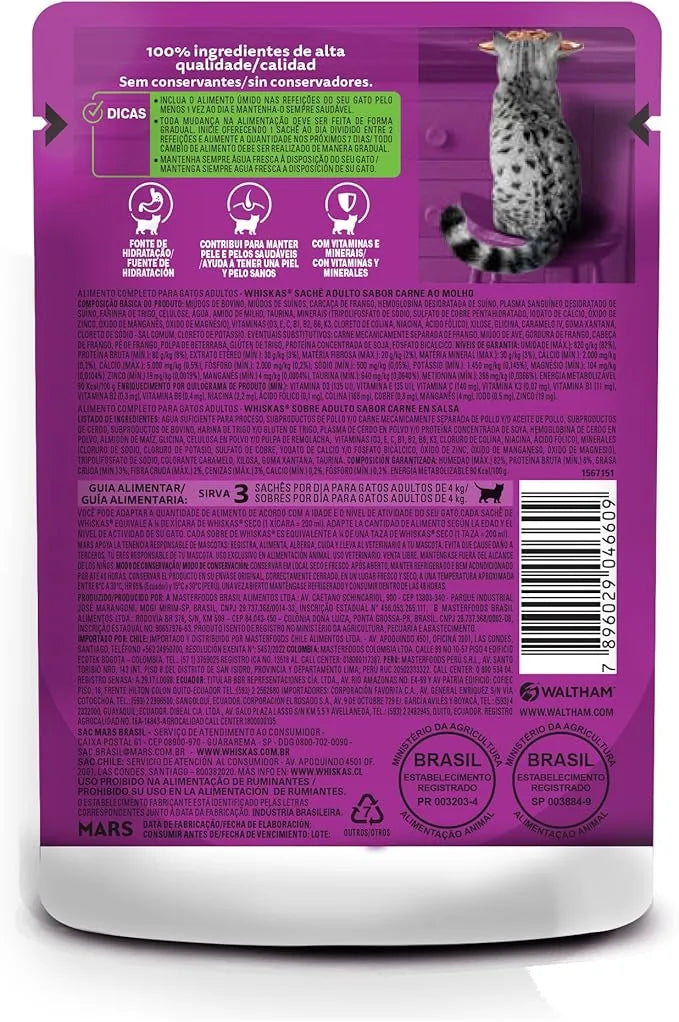 Whiskas Sachê Carne ao Molho para Gatos Adultos – 85g